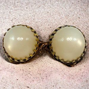 Vintage 1960s Clip ons Earrings Half Sphere Cream Coloured Stone Gold Tone